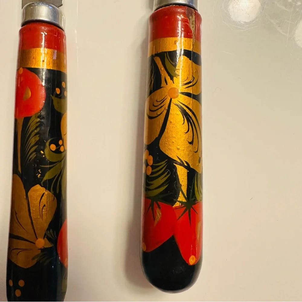 Vintage Khokhloma Knife Set USSR 5 piece decorative knife set Hand Painted